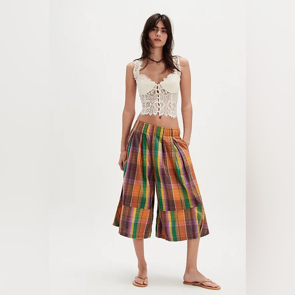 Free People Multicolor Plaid Wide-Leg Cropped Pants